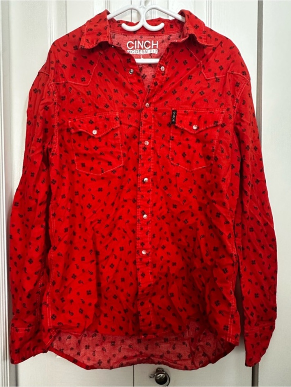 Cinch Red Button-Down Western Shirt with Black Paisley Print #37